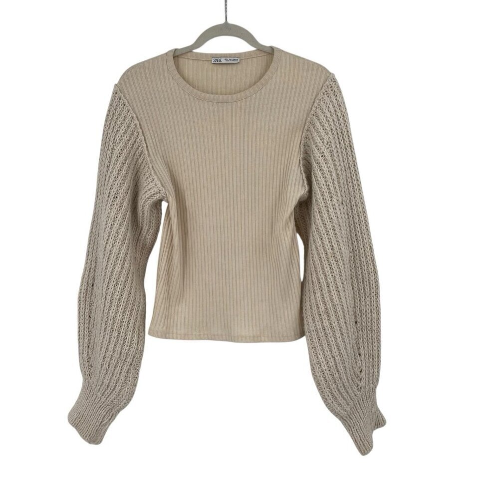 Zara Size Small Cream Ribbed Sweater Thick Knit Balloon Sleeves